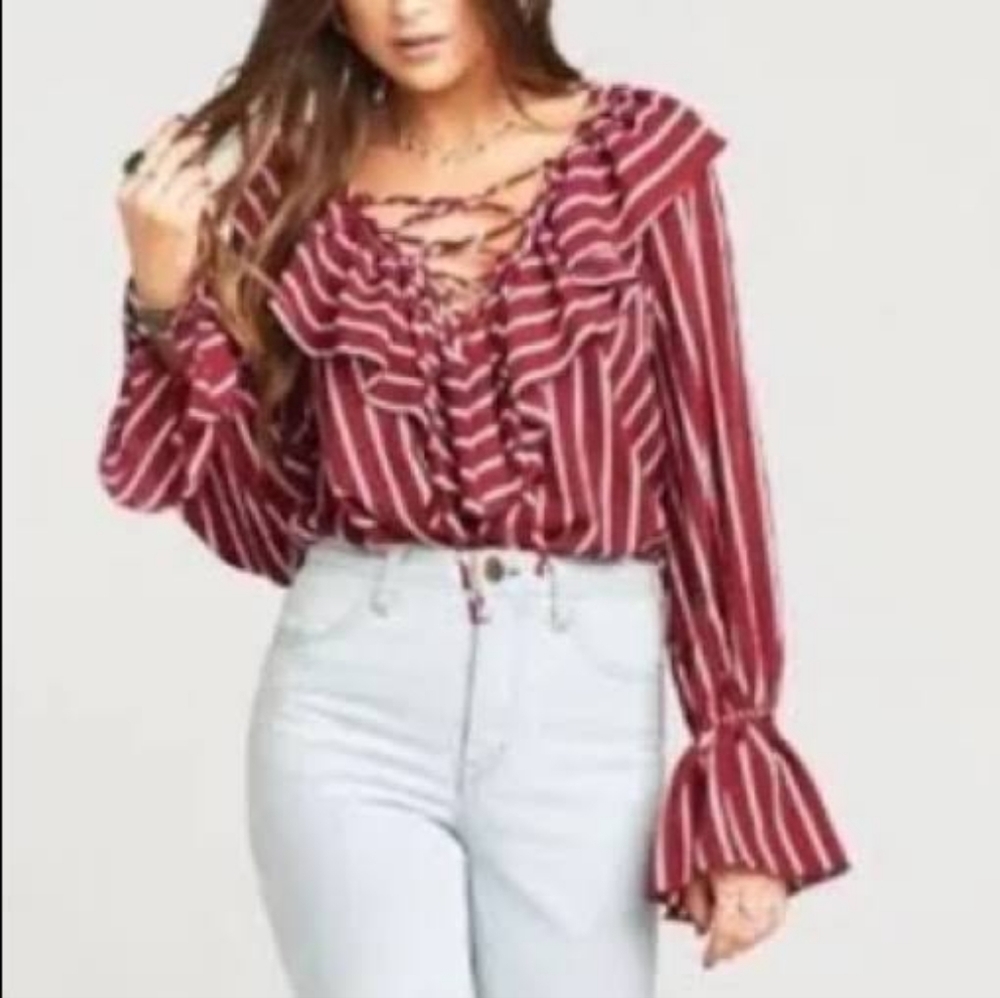 Show Me Your Mumu Red Top Size Small Stripe Flare Bell Long Sleeve Tie Elton